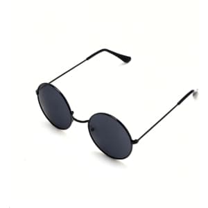 Retro round sunglasses with a black frame and dark lenses. Features sleek, minimalist design.
