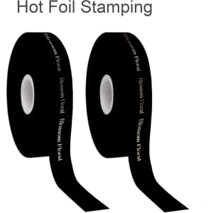 Black satin polyester ribbon with a glossy finish, featuring hot foil stamping and a logo.