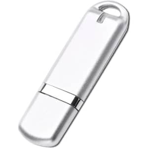 A silver flash drive with a sleek design, featuring a loop for easy attachment and a branding logo.