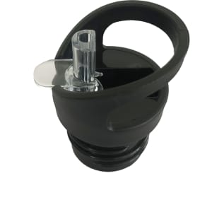 A drink bottle in black with a flip valve lid and transparent straw feature. It includes a logo on the surface.