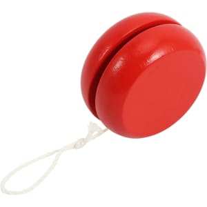 A red wooden yoyo with a white string attached. It features a simple, classic design.