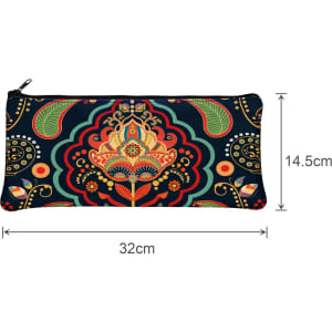 A vibrant neoprene pencil case featuring intricate floral patterns in red, green, and blue. It has a logo and measures 32cm by 14.5cm.