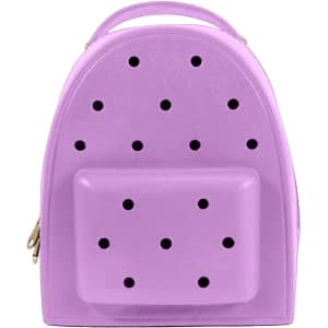 A purple EVA backpack with a smooth surface and multiple holes, featuring a front pocket and a top handle.