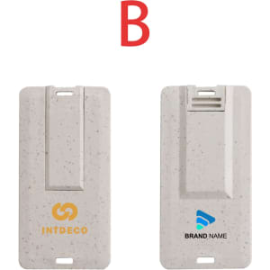 A Wheat Straw Credit Card Flash Drive in a light beige colour with two sides featuring different designs and logos.