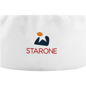 A white chef skull cap featuring a logo with an abstract design and the word "STARONE" in red.