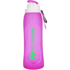 A drink bottle in pink silicone with a white lid and a carabiner, featuring a logo on the side.