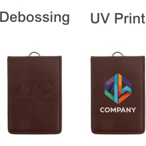 A brown PU leather ID card holder with debossing on one side and a colourful UV print design on the other.