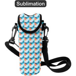 A drink bottle cooler with a colourful geometric pattern, featuring a strap and a logo.