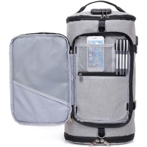 A grey convertible bucket backpack duffel bag features multiple compartments, including space for a phone and pens.