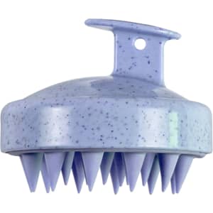 A lavender hair scalp massager with soft, pointed bristles and a sturdy handle. It has a speckled design.