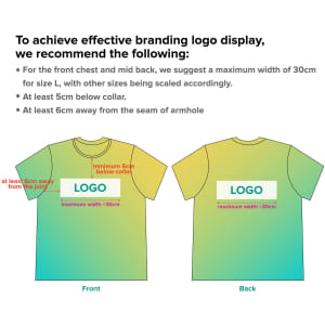 A gradient polo shirt featuring a logo placement guide, with front and back views specified in a range of colours.