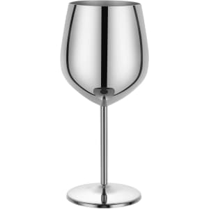 A stainless steel wine goblet with a shiny, reflective finish and a thin stem, standing on a circular base.