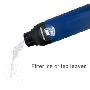 A drink bottle with a blue body, black lid, and a filter for ice or tea leaves. It features a logo.