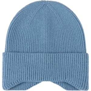 A blue earflap beanie with a ribbed texture and a folded brim, featuring a logo.