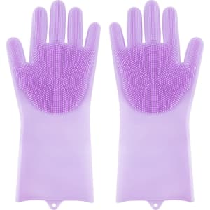 Two purple silicone gloves with textured grip surfaces, designed for cleaning tasks. Each glove has a smooth exterior.