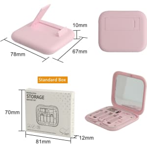 A pink multi-function storage bracket set with a built-in mirror. Features dimensions and a box design.