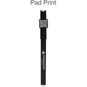 A black pen featuring a QR code on the top, with a branding logo and text underneath.