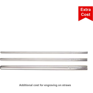 A set of three stainless steel drinking straws in silver, featuring a logo.