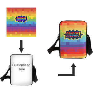 A colourful sublimation cross body bag with a bold design and adjustable strap, featuring a logo on one side.