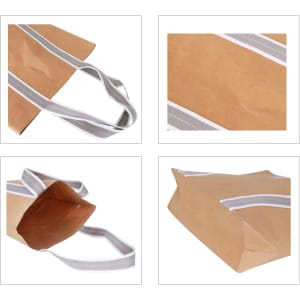 A small washable kraft paper bag in light brown with a cotton handle and grey accents. It features an interior view and different angles.