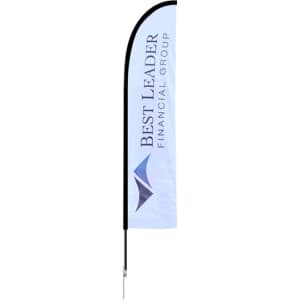 A straight feather banner featuring a predominantly blue design with a black pole and a logo.