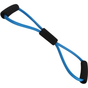 A blue Figure 8 resistance band with black handles, designed for fitness and exercise activities.
