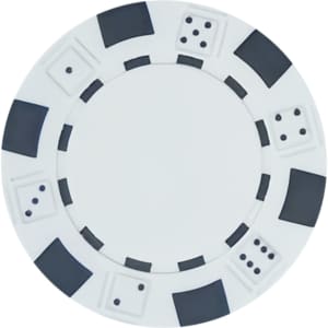 A round ABS poker chip featuring a white base with black accents and dice designs around the edge.