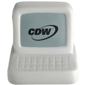 A white computer-shaped stress reliever featuring a branding logo on the screen and keyboard design.