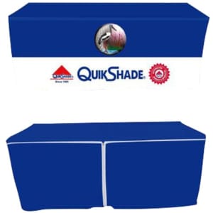 A blue fitted tablecloth with a zipper back, featuring a logo and a design across the front.