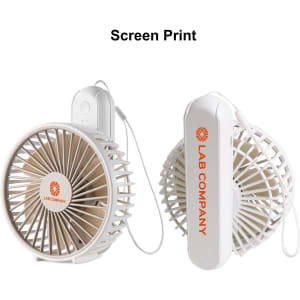 A foldable USB handy fan in white with a round design and a branding logo on the side.