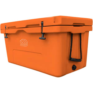 An orange 85L cooler box with a lid and robust handles, featuring a logo on the side.