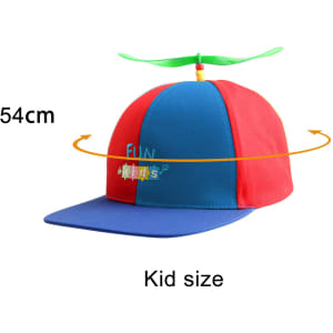 A red and blue Propeller Baseball Cap featuring a green propeller on top, designed in kid size.