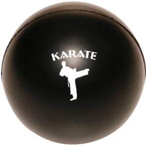 A black stress ball shaped like a karate ball, featuring a silhouette of a martial artist and a logo.