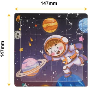 A wooden jigsaw puzzle featuring a smiling astronaut in space, surrounded by colourful planets and stars.