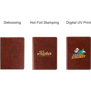 A PU leather passport holder in various designs, featuring dark brown tones and a logo on one version.