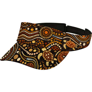 A full sublimation visor featuring an intricate design in earthy tones of brown, orange, and cream, with a logo.