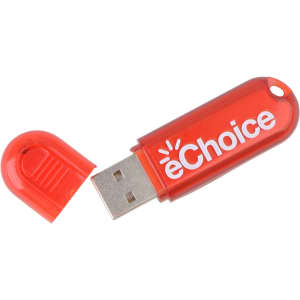 A red flash drive with a removable cap, featuring a logo.
