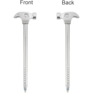A silver ballpoint pen shaped like a hammer, displayed from front and back views. The pen features a branding logo.