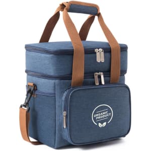 A blue 10L cooler bag with adjustable straps and a front pocket, featuring branding on one side.