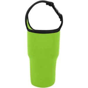 A drink bottle pouch in vibrant green with a black trim and adjustable strap, featuring a logo.