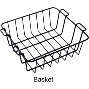 A black wire basket with an open design and two handles on the sides.