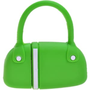 A green handbag-shaped flash drive with a handle, featuring a logo on its surface.