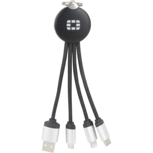 A round, black light-up charging cable with multiple connectors for different devices. It includes a logo on the front.