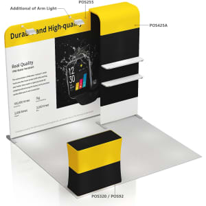 A tension fabric display stand with black and yellow design, features shelves and an additional arm light.