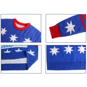 A unisex winter acrylic jacquard sweater in blue and red, featuring white star patterns and ribbed cuffs and hem.