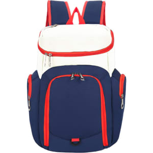 A blue and white backpack with red accents and multiple zippered pockets, featuring a logo.