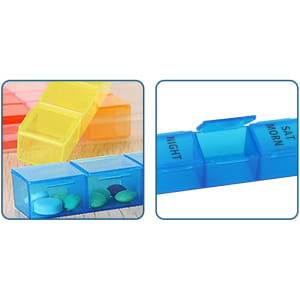 A blue and yellow pill organiser featuring sections for different days and times, with a sleek, transparent design.