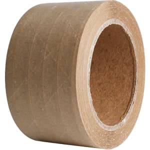 A roll of self-adhesive reinforced kraft paper tape in a natural brown colour, featuring a central core.