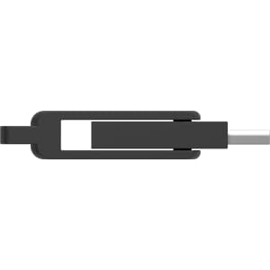 A black flash drive with a streamlined design, featuring a silver connector and a logo on its body.