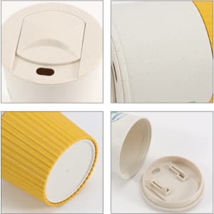 A drink bottle in beige and yellow with a ribbed design and a lid. Features a logo on the body.